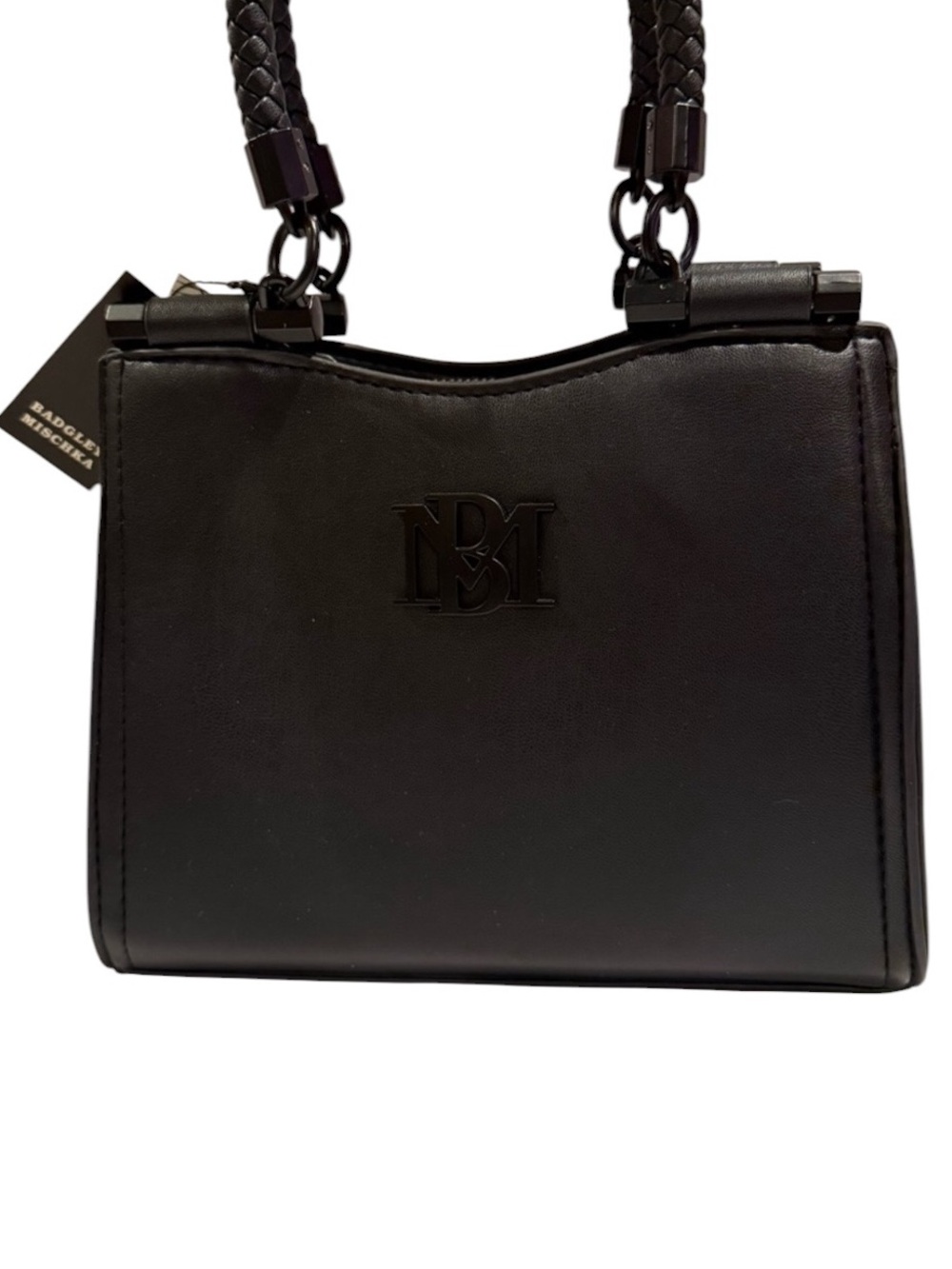 Badgley Mischka Black Leather Braided-Handle Convertible Shoulder Bag